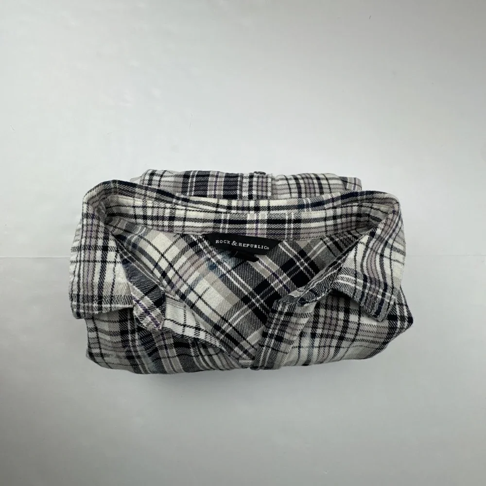 Distressed‎ Bleached Plaid Button Down Shirt Rock & Republic Purple Black Large